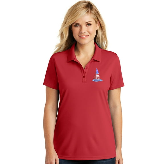 Womens Patriotic Sailboat Sailing USA Flag Patch Moisture-Wicking Polo Shirt, Medium Rich Red