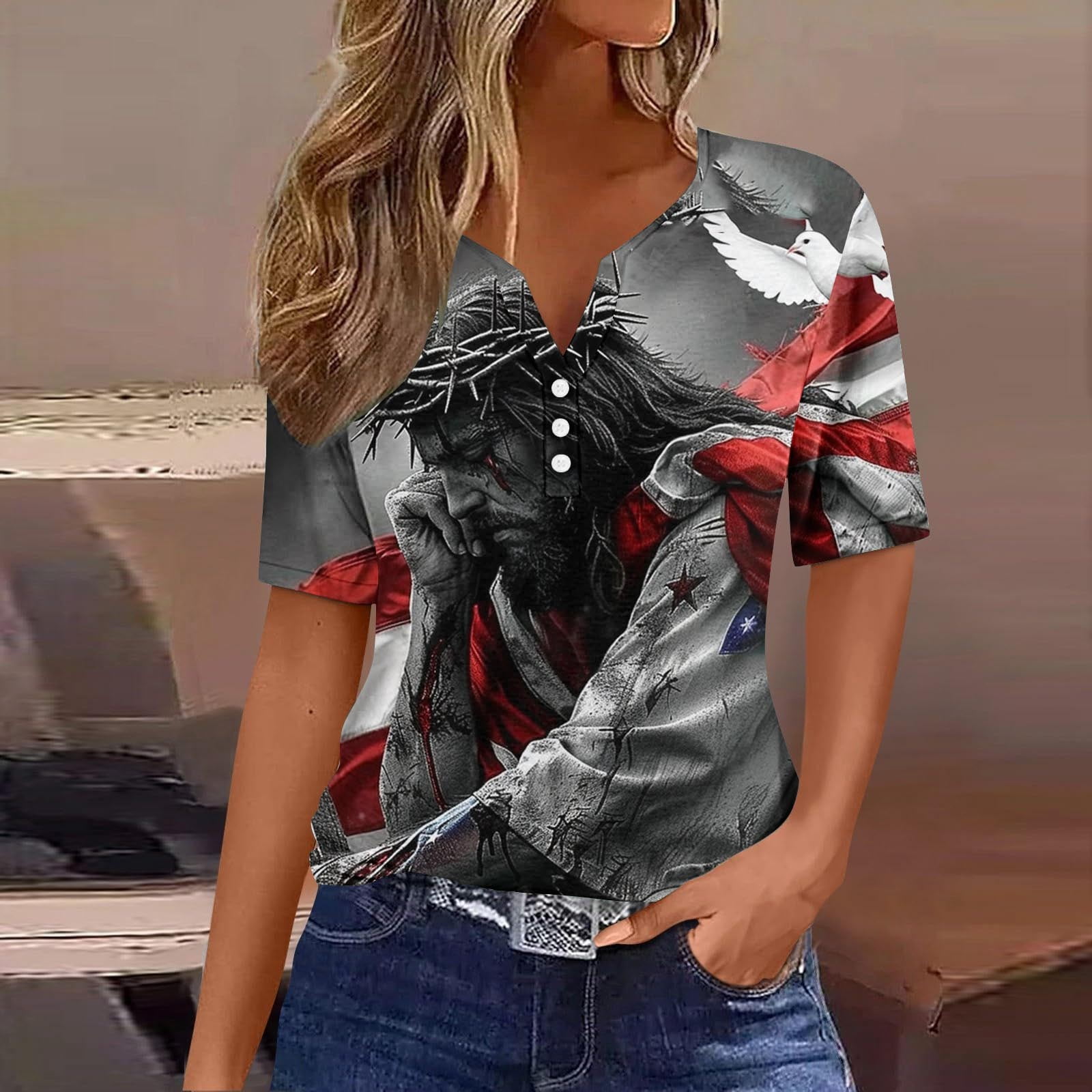 Women's Patriotic American Flag Button Down Tank Top - Memorial Day 4th Of July Holiday Shirt, XXL - View #4