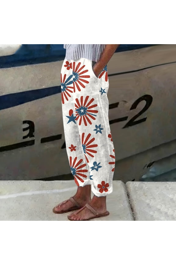 Womens Patriotic Stars Graphic Pants USA 250th Anniversary National Day Parade Loose Flowy Linen Lounge Pant