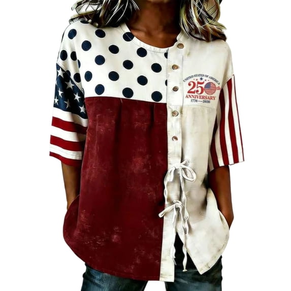 Womens Patriotic T Shirts Loose Short Sleeve Crew Neck 4th Of July Shirt With American Falg Print Holiday Commemorative Tops Wine L