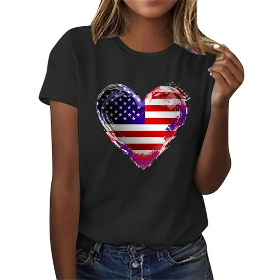 Womens Patriotic Tops American Flag Shirt for Women: 4th July Graphic T-Shirts Patriotic Flag Printed Crew Neck Short Sleeve Tees Tops New Black L