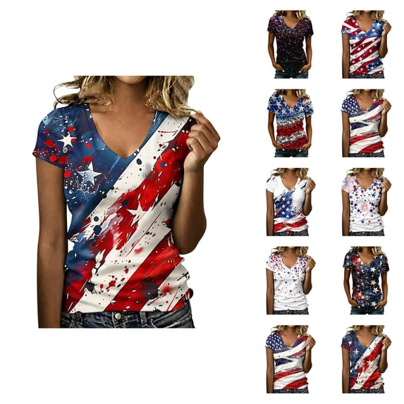 Womens Patriotic Tshirt 250th Anniversary USA Shirts Red White and Blue V Neck Summer Tops Casual 4th of July Outfit for Women