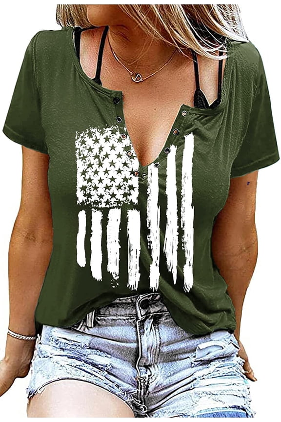 Womens Patriotic V Neck T Shirt American Flag Graphic Green1 Size Medium