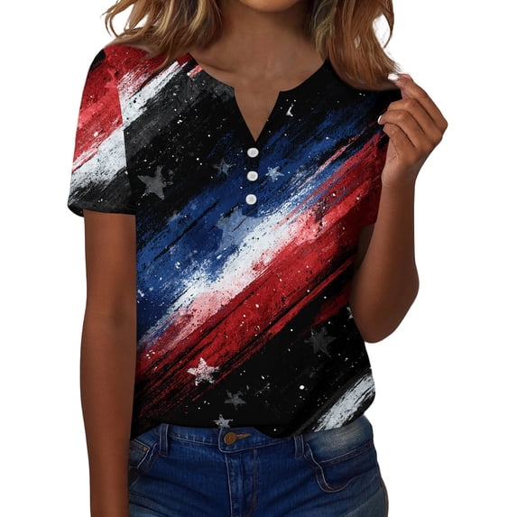 Womens Patriotic V Neck Tee Independence Day Print Short Sleeve Decorative Button Casual Top Breathable Fabric