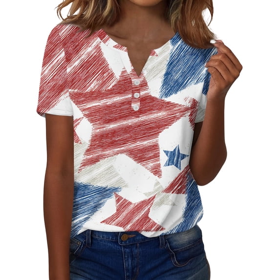Womens Patriotic V Neck Tee Independence Day Print Short Sleeve Decorative Button Casual Top Breathable Fabric