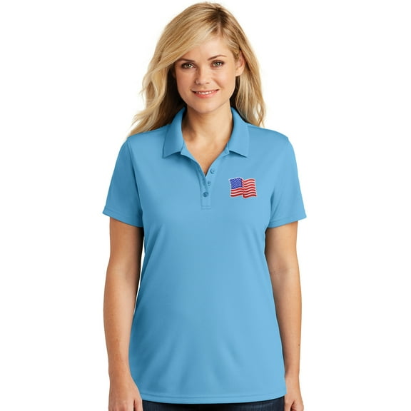 Womens Patriotic Waving USA Flag Patch Moisture-Wicking Polo Shirt, Extra-Small Carolina Blue