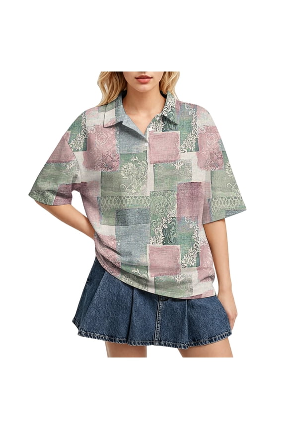 Womens Patterned Shirts Crew Neck Short Sleeve Half-Button Placket Retro Geometric Design Daily Wear Tops Green XXL