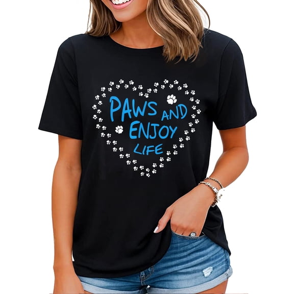 Womens Paws & Enjoy Life T-Shirt Dogs Animal Lover T-shirt Black Small