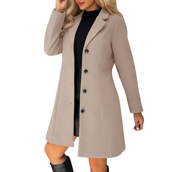 Womens Pea Coats Notched Lapel Single Breasted Woolen Coat Mid Length Trench Coat Warm Overcoat Fall Winter Jacket