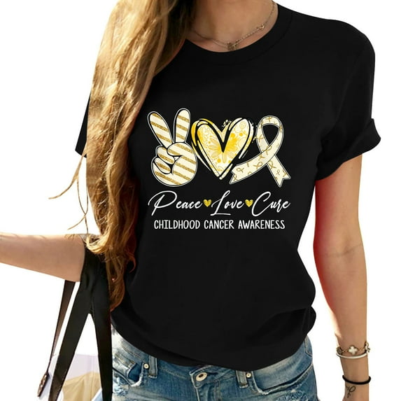 Womens Peace Love Cure Gold Ribbon Childhood Cancer Awareness T-Shirt Black