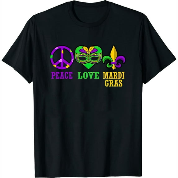 Womens Peace Love Mardi Gras Party Holiday Celebrations Graphic Long Sleeve T-Shirt Black 2X-Large