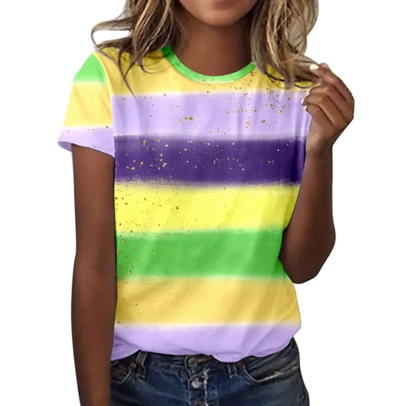 Womens "Peace Love Mardi Gras" Shirts Casual Round Neck Short Sleeve Loose Blouses Carnival Letter Printed Top for Women A-Yellow M