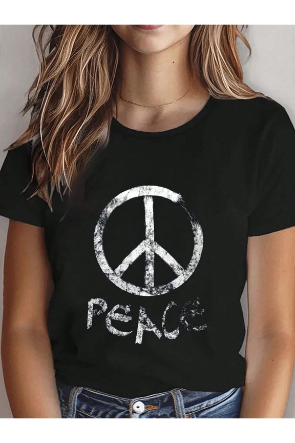 Womens Peace Sign (Vintage) V-Neck Print Crew Neck Casual T-Shirt Short Sleeve Sports Top, Smart Casualstreet Style Women's Clothing