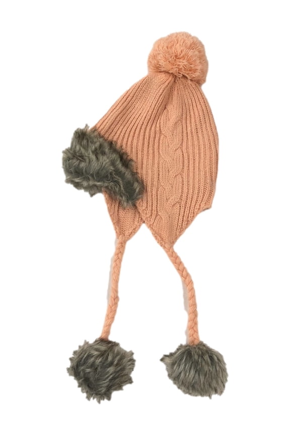 Womens Peach Knit Peruvian Style Trapper Hat Fleece Lined