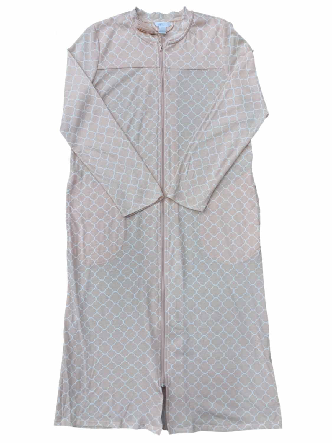 Womens Peach & White Quatrefoil Long Sleeve Zip Up Nightgown Pajama