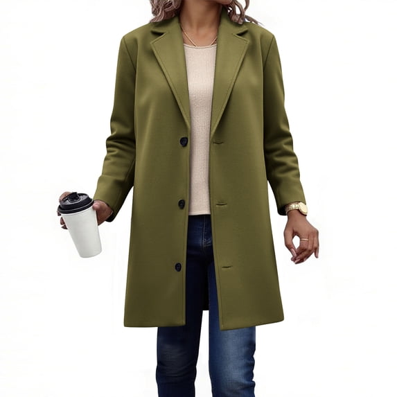 Womens Peacoat Long Jackets Fall Winter Button Lapel Trench Coat Peacoat Business Dressy Jackets Green 3XL