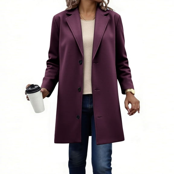 Womens Peacoat Long Jackets Fall Winter Button Lapel Trench Coat Peacoat Business Dressy Jackets Purple S