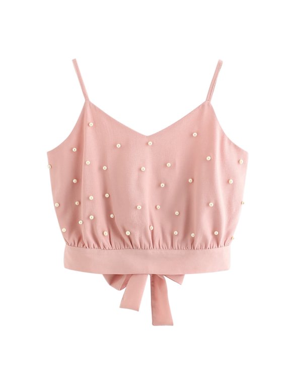Womens Pearl Beaded Tank Top Backless Bow Tie Cami Sleeveless Top Summer Lightweight Breathable Vest S