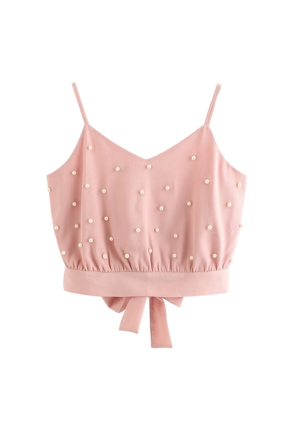 Womens Pearl Beaded Tank Top Backless Bow Tie Cami Sleeveless Top Summer Lightweight Breathable Vest S
