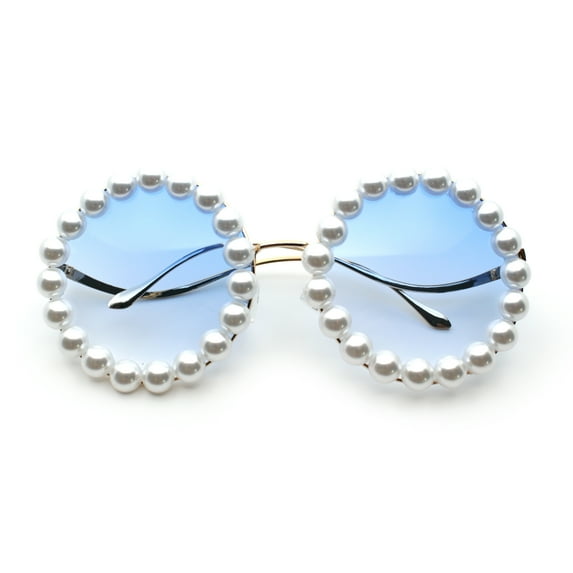 Womens Pearl Bling Round Circle Oversized Metal Rim Wave Arm Sunglasses Gold - Blue