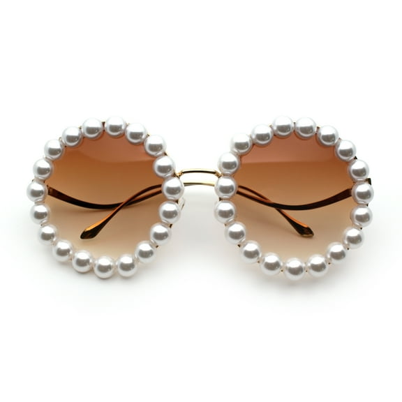 Womens Pearl Bling Round Circle Oversized Metal Rim Wave Arm Sunglasses Gold - Brown