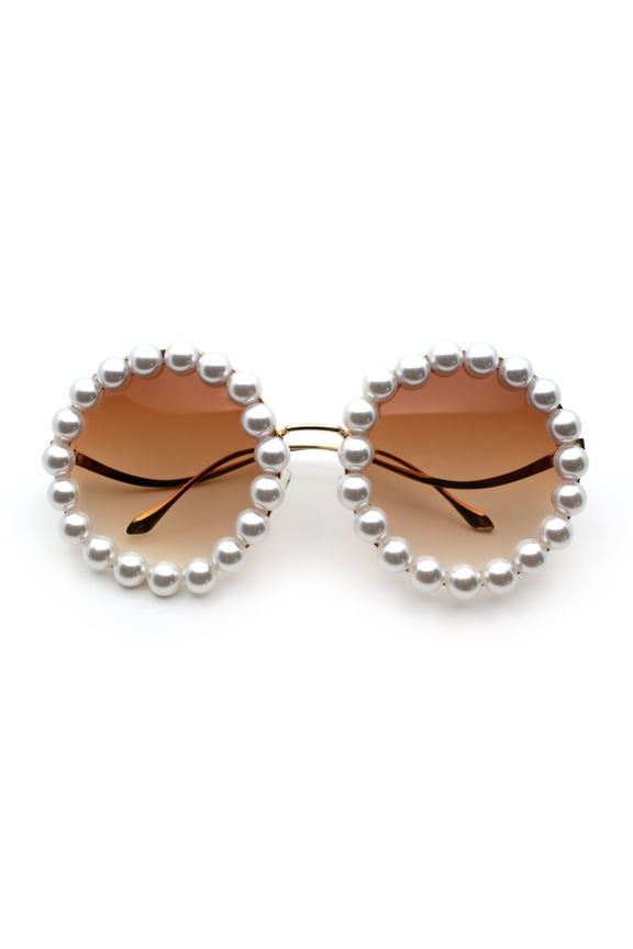 Womens Pearl Bling Round Circle Oversized Metal Rim Wave Arm Sunglasses Gold - Brown