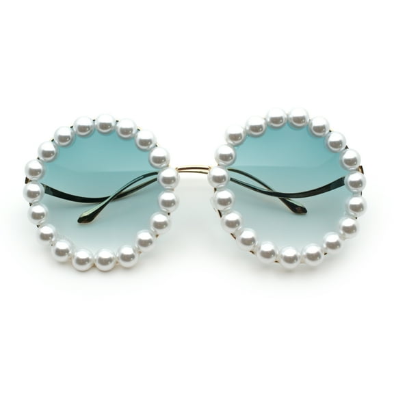 Womens Pearl Bling Round Circle Oversized Metal Rim Wave Arm Sunglasses Gold - Green