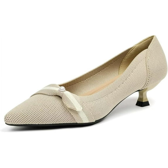 Womens Pearl Breathable Mesh Knitted Kitten Heels Pumps Pointed Toe Slip On Comfortable Casual Formal Dress Shoes