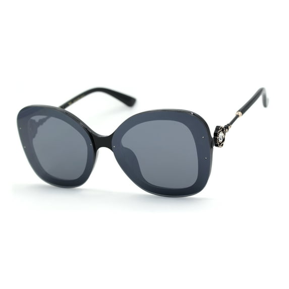 Womens Pearl Brooch Jewel Exposed Lens Fashion Sunglasses Black Solid Black