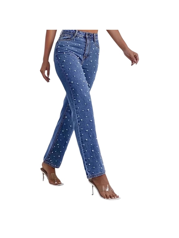 Womens Pearl Decorated Jeans High Waisted Straight Leg Denim Pants Casual Loose Fit Long Trousers Trendy Embellished Jeans for Women Blue