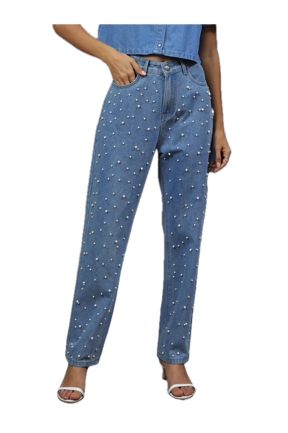 Womens Pearl Detail Denim Pants With Pockets Non Stretch Jeans For Everyday Wear Durable Casual Style All Season Comfort
