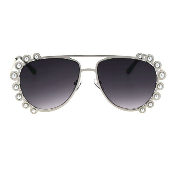 Womens Pearl Jewel Trim Chic Officer Style Pilots Metal Rim Sunglasses Silver Smoke