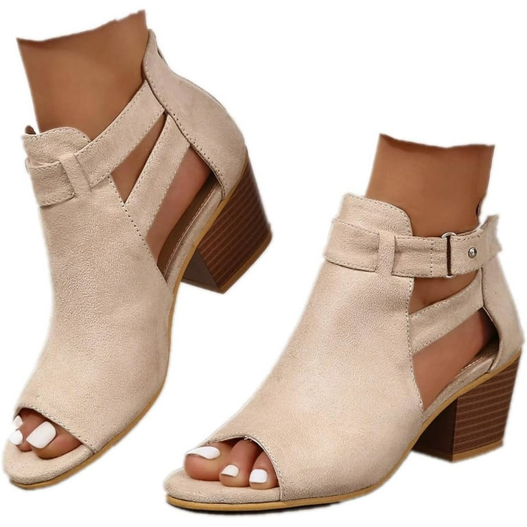 Womens Peep Toe Booties Chunky Heel Sandals Open Toe Boots Cutout