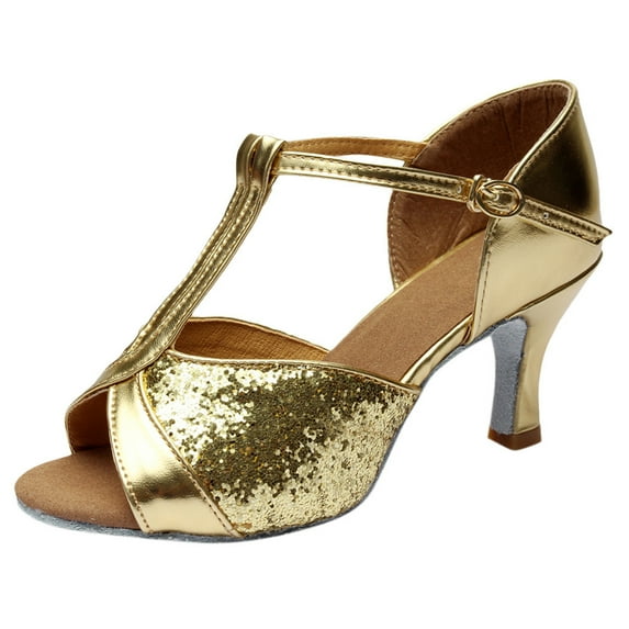 Womens Peep Toe Pumps Fashion Sequin Ballroom Prom Dance Shoes Block Heeled Ladies Dress Shoes