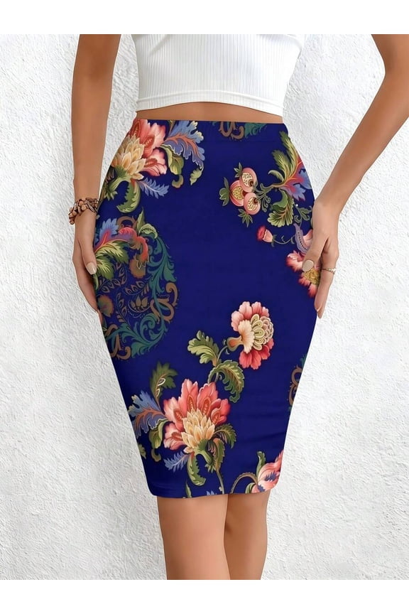 Womens Pencil Skirt Multicolor Floral Print Knit Fit-and-Flare