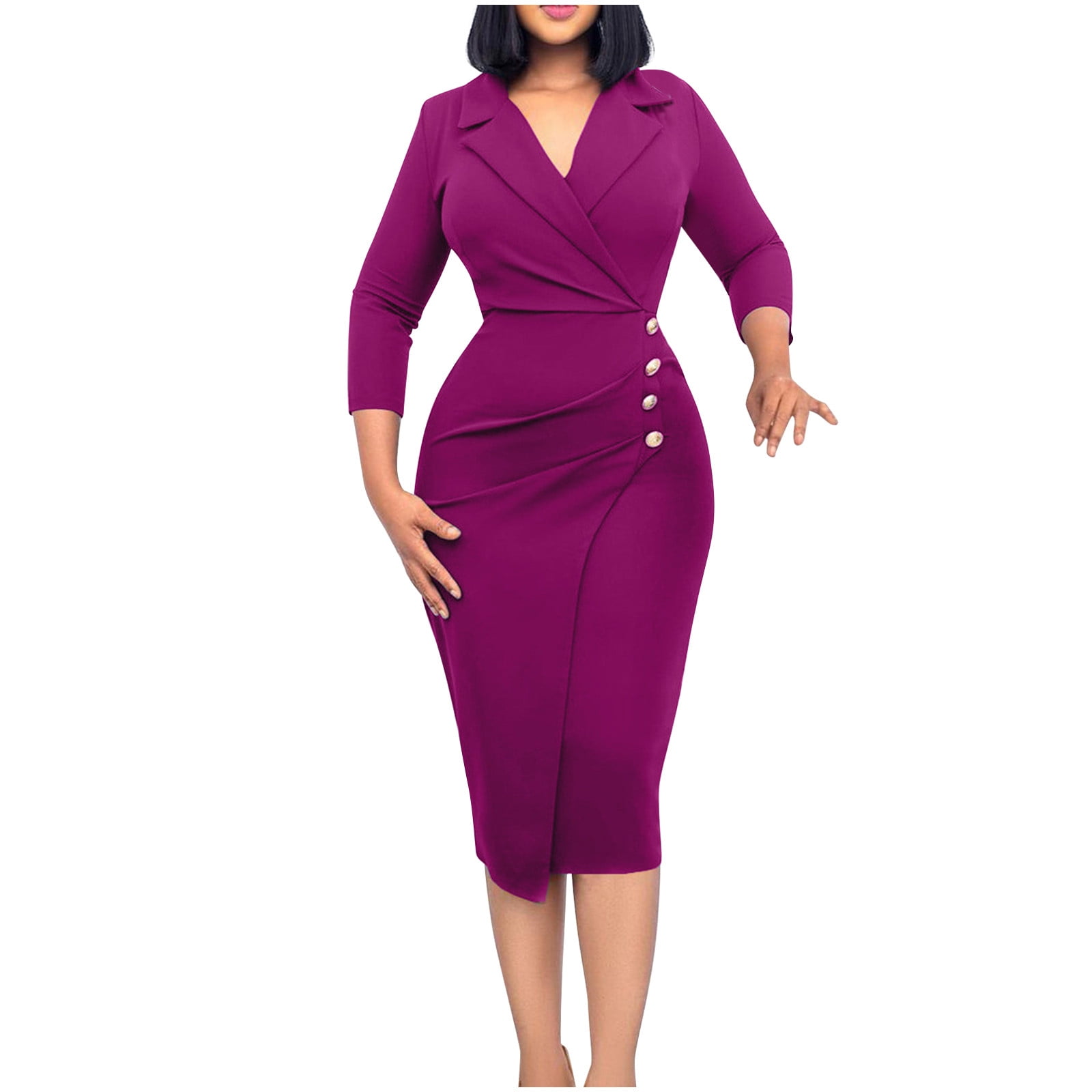 Womens Pencil Work Dresses 3/4 Sleeve Notched Collar V Neck Solid