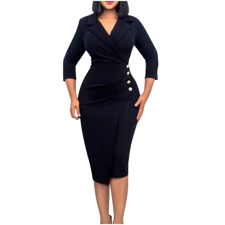 Womens Pencil Work Dresses 3 4 Sleeve Notched Collar V Neck Solid Color Slim Fitted Formal Dress for Office Lady Walmart