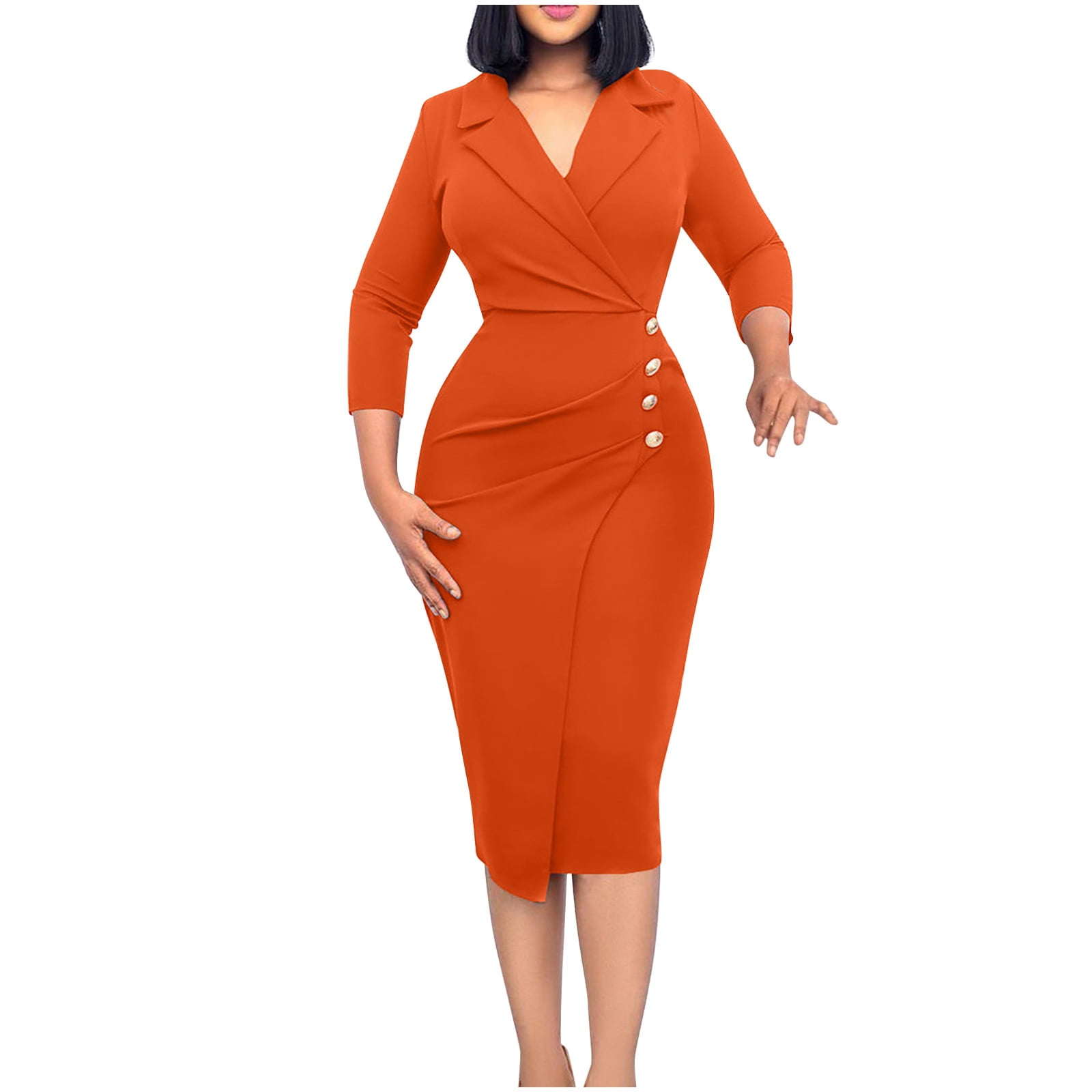 Womens Pencil Work Dresses 3/4 Sleeve Notched Collar V Neck Womens Pencil Work Dresses 3/4 Sleeve Notched Collar V Neck