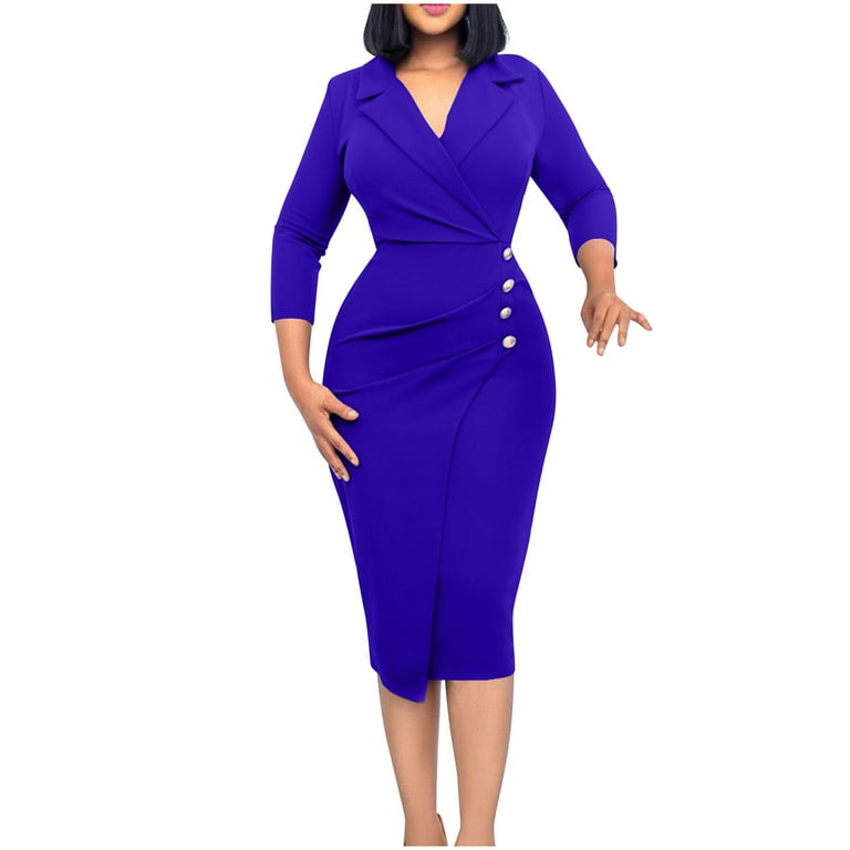 Womens Pencil Work Dresses 3/4 Sleeve Notched Collar V Neck Womens Pencil Work Dresses 3/4 Sleeve Notched Collar V Neck