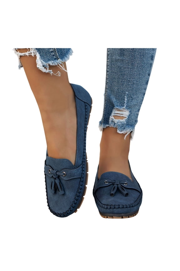 Womens Penny Loafers Casual Slip on Orthopedic Shoes with Arch Support Round Toe Stitching Tassel Nonslip Moccasin Driving Shoes Blue Size 10