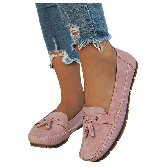 Womens Penny Loafers Casual Slip on Orthopedic Shoes with Arch Support Round Toe Stitching Tassel Nonslip Moccasin Driving Shoes Pink Size 9