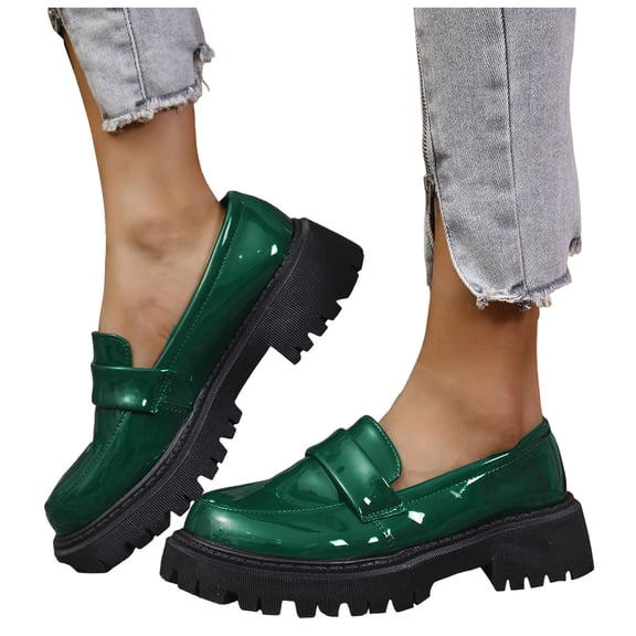 Womens Penny Loafers Retro Leather Lug Sole Chunky Heel Business Casual Shoes Classic Round Toe Slip on Office Oxford Shoes Green Size 9