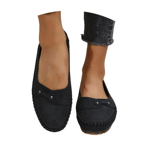 Womens Penny Loafers Vintage Pattern Round Toe Stitching Slip on Moccasin Flat Shoes Comfortable Arch Support Orthopedic Shoes Black Size 10