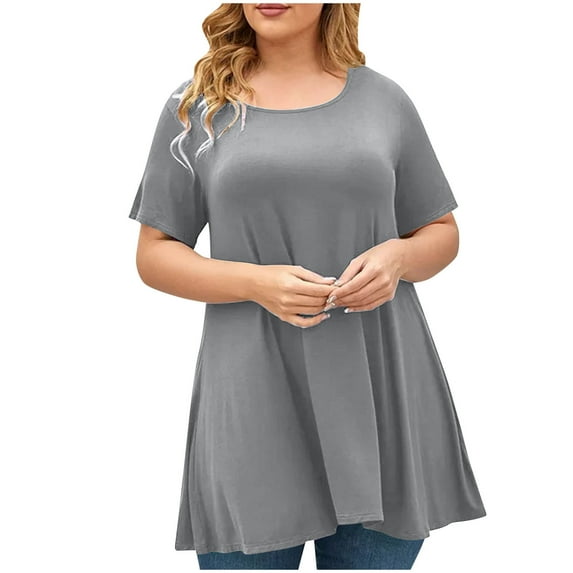 Womens Peplum Tops Plus Size Caual Basic Round Neck Short Sleeve T-Shirts Solid Color Loose Fit Oversize Swing Tunic Top Pullover Blouses