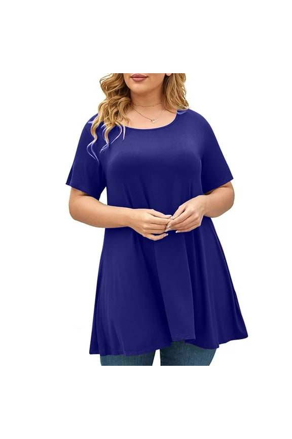 Womens Peplum Tops Plus Size Caual Basic Round Neck Short Sleeve T-Shirts Solid Color Loose Fit Oversize Swing Tunic Top Pullover Blouses