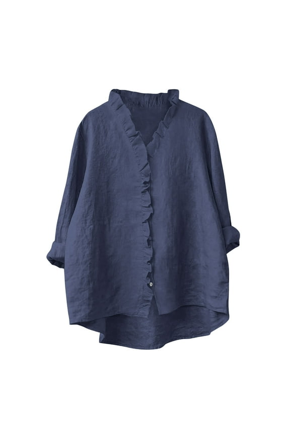 Womens Peplum Trim V Neck Button Up Blouses Long Sleeve Cotton Linen Flowy Shirts High Low Hem Front Ruffle Tops