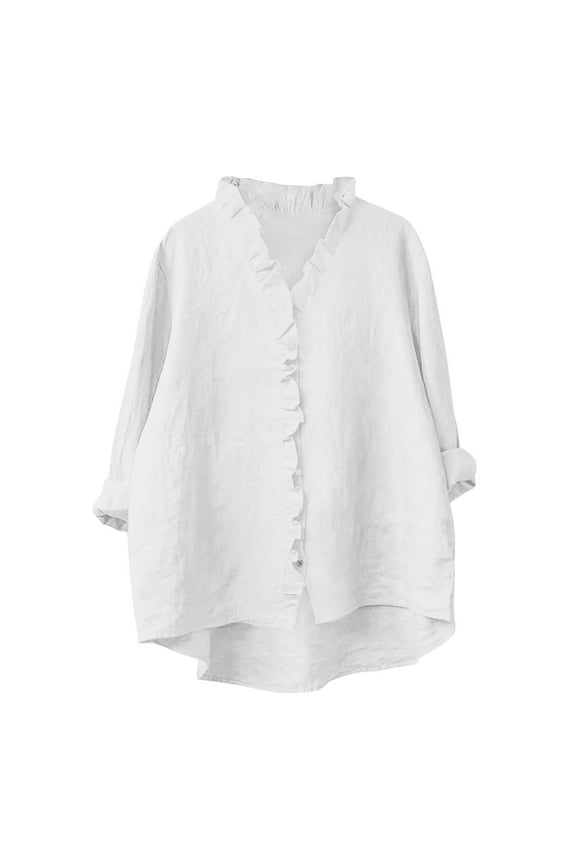 Womens Peplum Trim V Neck Button Up Blouses Long Sleeve Cotton Linen Flowy Shirts High Low Hem Front Ruffle Tops