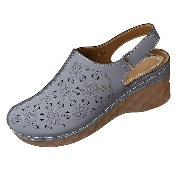 Womens Perforated Wedge Sandals Breathable & Comfortable, Slingback Casual Shoes for Walking Everyday in Gray,Size 40