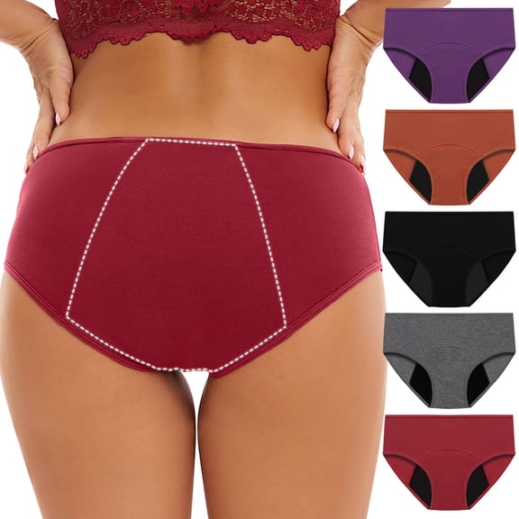 Womens Period Underwear 5-Pack Leakproof Mid-Rise Briefs Multicolor Heavy Flow Reusable Panties S-5XL,Size L