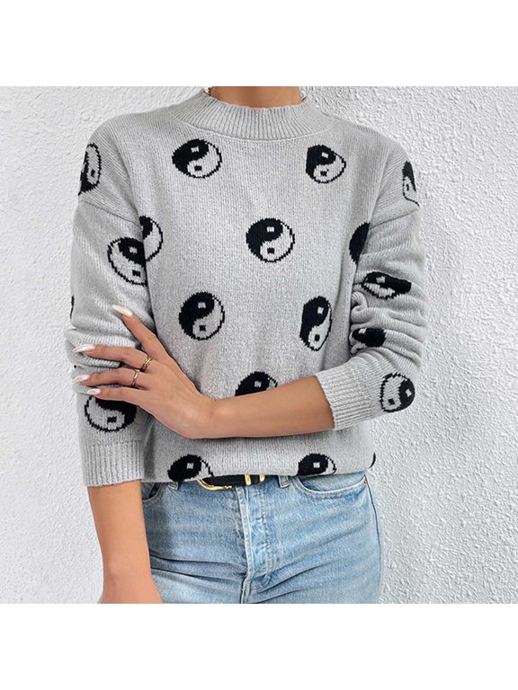 Womens Personalized Fashion Printed Fall and Winter Long Sleeve Round Neck Casual Sweater Gray